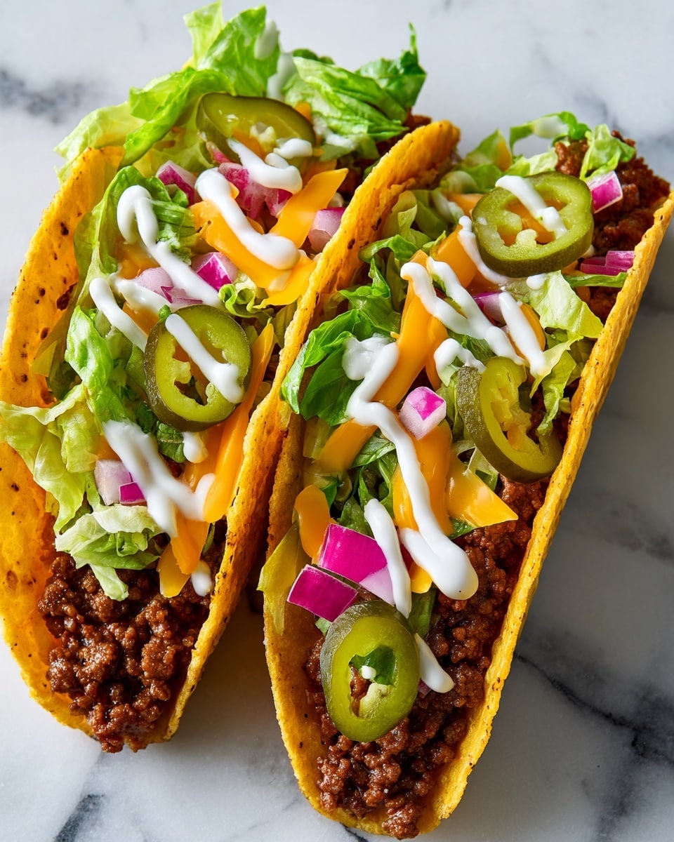 The image shows two crunchy tacos on a white marbled surface, each taco shell golden yellow with a slightly textured pattern. The first taco has a bottom layer of seasoned ground beef that is dark brown, topped with fresh green shredded lettuce. Above the lettuce, there are small pieces of diced white onion and red tomato scattered. A drizzle of light pink sauce runs across the top, adding a creamy texture. The second taco also has a base of dark brown ground beef, layered with slices of light green avocado, green lettuce, and small chopped light purple onion pieces. The same light pink sauce is drizzled on top, blending into the fresh toppings. The tacos are close together, showing the colors and textures clearly. photo taken with an iphone --ar 4:5 --v 7