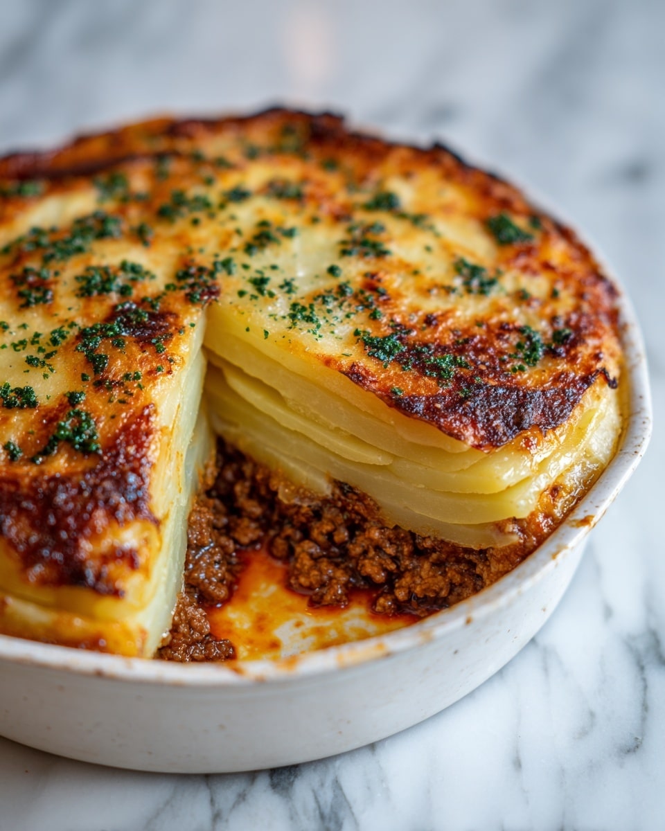 This dish shows a round, deep white plate filled with several layers. The bottom layer is a cooked ground meat layer with a dark brown color and crumbly texture. Above the meat, there is a thick white creamy layer, smooth and soft. On top of the cream, there are many slices of yellow potatoes placed in a single even layer. The topmost layer is covered with golden brown melted cheese that is bubbly and slightly crispy in some spots. Some green parsley leaves are sprinkled around the top, adding a fresh touch. A piece of the dish has been cut out, showing the clear layered inside. The photo is taken with an iphone --ar 4:5 --v 7
