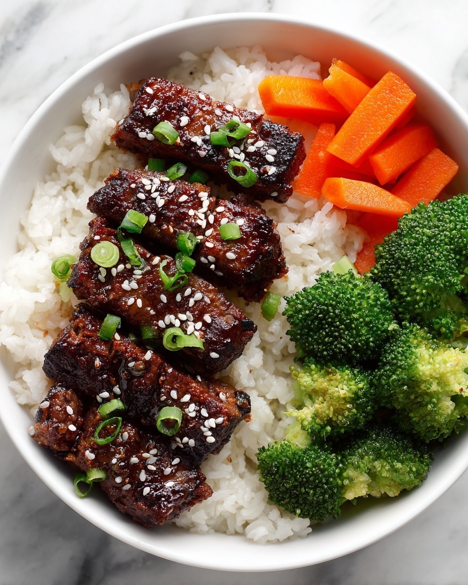 The image shows a white bowl filled with a layer of white rice at the bottom. On top of the rice, there are several pieces of glazed ribs covered with a shiny, dark brown sauce, sprinkled with white sesame seeds and small chopped green onions. Around the ribs, in separate sections of the bowl, there are bright green broccoli florets to the left, and thin orange carrot sticks to the right, with some yellow lemon wedges partially visible behind the carrots. The bowl sits on a white marbled surface. The photo is taken with an iphone --ar 4:5 --v 7