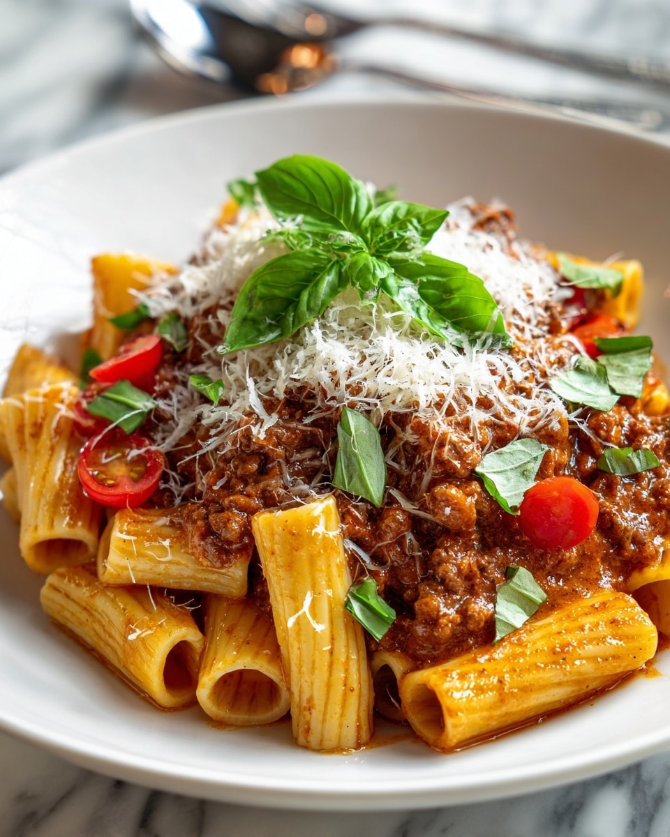 A white bowl filled with a dish of rigatoni pasta covered in a thick meat sauce with visible ground beef and tomato pieces. On top, there is a generous layer of grated white cheese, followed by fresh green basil leaves, thinly sliced and scattered. Bright red tomato slices are placed around the salad, adding color contrast. The background is a white marbled surface with a fork partially visible on the right side. Photo taken with an iphone --ar 4:5 --v 7