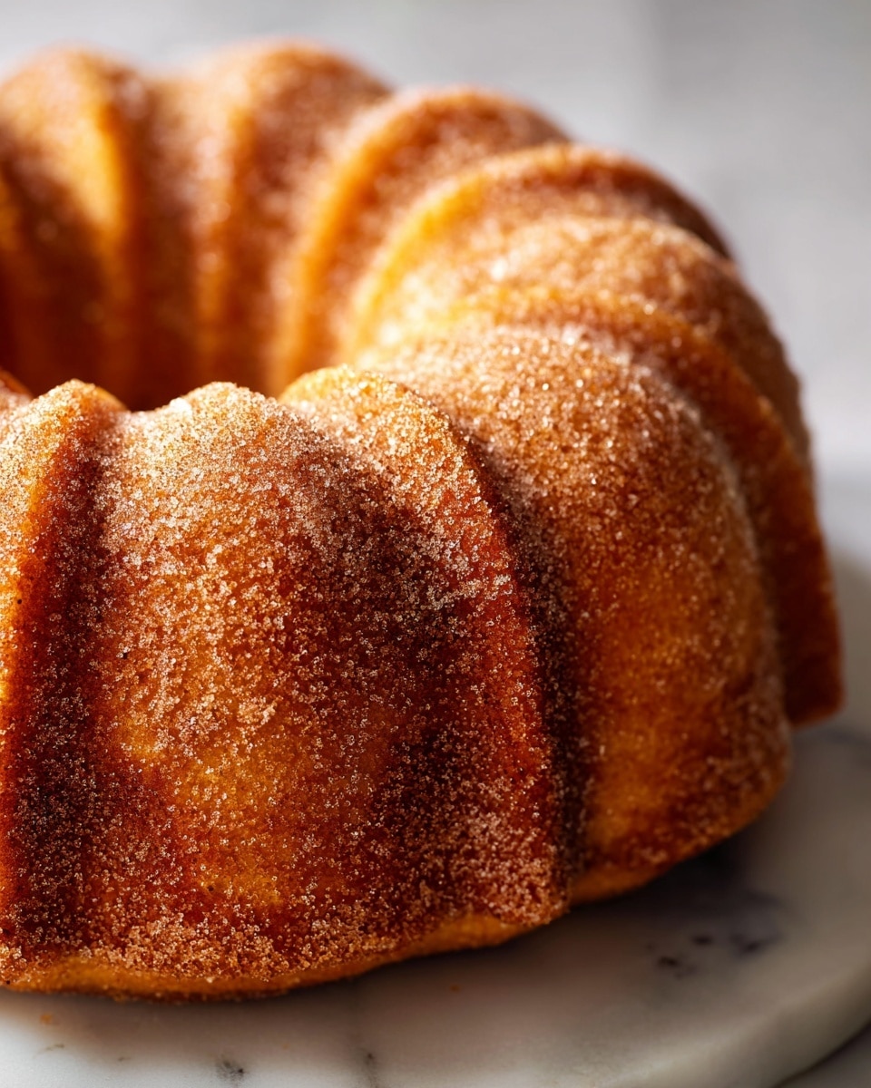 A close-up image of a bundt cake showing detailed ridges and curves of the cake. The outer layer is golden brown with a texture of sugar crystals sprinkled all over, creating a rough and sugary surface. The cake's edges have a slightly darker roasted color, highlighting the baked crust. The image focuses tightly on the cake's surface, with visible sugar granules and soft, moist cake underneath. The background is a white marbled texture. Photo taken with an iphone --ar 4:5 --v 7