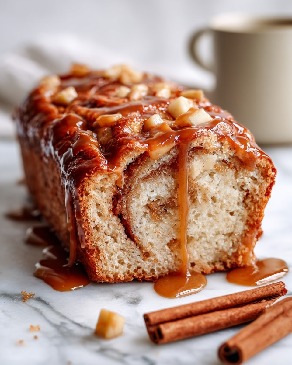 A close-up view of a sliced cinnamon swirl bread loaf with a soft, light brown color and visible darker cinnamon swirls throughout. The top layer is covered with a shiny caramel glaze, small diced apple pieces, and a sprinkle of cinnamon powder. The bread texture looks moist and fluffy, with a golden brown crust on the sides. The bread is set against a white marbled surface. photo taken with an iphone --ar 4:5 --v 7