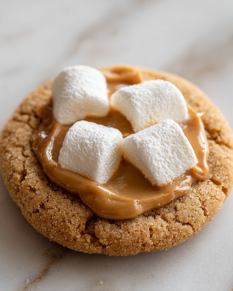 A close-up view of a soft round cookie as the base, light brown and slightly cracked in texture. On top, there is a layer of smooth light brown peanut butter spread evenly, covering most of the cookie surface. Three pieces of white marshmallow are placed on the peanut butter layer, slightly melted and soft in texture, with irregular shapes. The cookie sits on a white marbled surface. Photo taken with an iphone --ar 4:5 --v 7