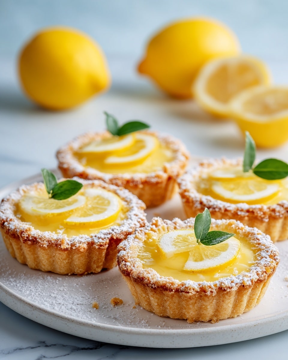 Four small lemon tarts are arranged on a white plate with a dusting of powdered sugar around them. Each tart has a golden, crumbly crust that holds a smooth, shiny yellow lemon filling topped with thin, translucent lemon slices. On top of each tart is a small green leaf for decoration. In the background, whole and halved bright yellow lemons can be seen against a soft blur. The scene is set on a white marbled surface. photo taken with an iphone --ar 4:5 --v 7
