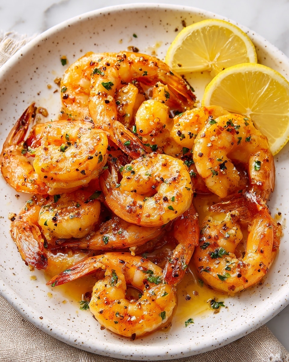 A close-up view of cooked shrimp with a golden-orange color, sprinkled with small pieces of green herbs, arranged in a cluster on a white speckled plate. Two bright yellow lemon wedges sit on top of the shrimp. The shrimp have a glossy, slightly oily texture with visible black pepper and seasoning. The plate rests on a white marbled textured surface with some beige fabric visible to the side. photo taken with an iphone --ar 4:5 --v 7