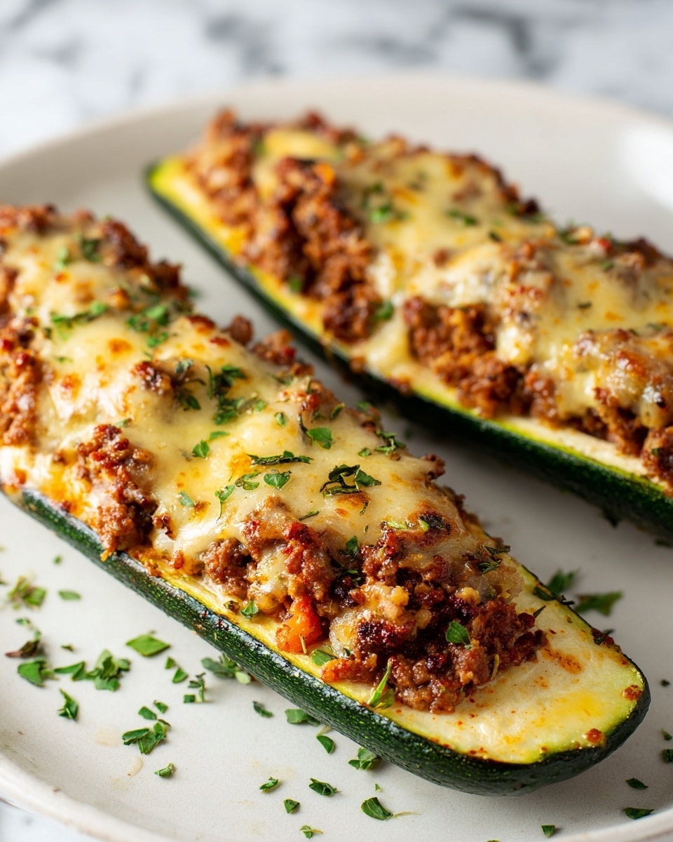 This image shows stuffed zucchini boats arranged closely together. Each zucchini is cut in half lengthwise with the green skin on the outside, hollowed out and filled with a layer of cooked ground meat mixed with finely chopped vegetables and herbs. The filling is topped with a melted cheese layer, golden brown on top, and some green herbs sprinkled over for color. The texture of the filling looks slightly crumbly with a gooey cheese crust. The zucchini boats are placed on a white plate sitting on a white marbled surface. photo taken with an iphone --ar 4:5 --v 7