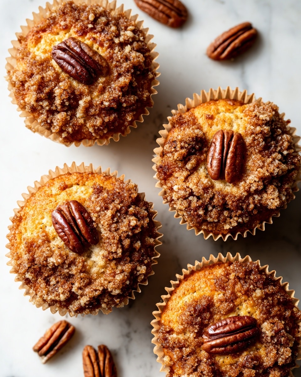 The image shows a close-up of three muffins placed closely together on a white marbled surface, each with a golden-brown crumb topping mixed with sugar crystals and pieces of toasted pecans that add texture and color contrast. The muffins have a slightly cracked top revealing soft, light brown baked dough underneath, with visible pecan pieces both on top and inside the muffin tops. The muffins sit in light beige baking liners, and a few whole pecans are scattered casually around them. The warm colors of the muffins and pecans contrast with the clean, white marbled surface beneath them. photo taken with an iphone --ar 4:5 --v 7