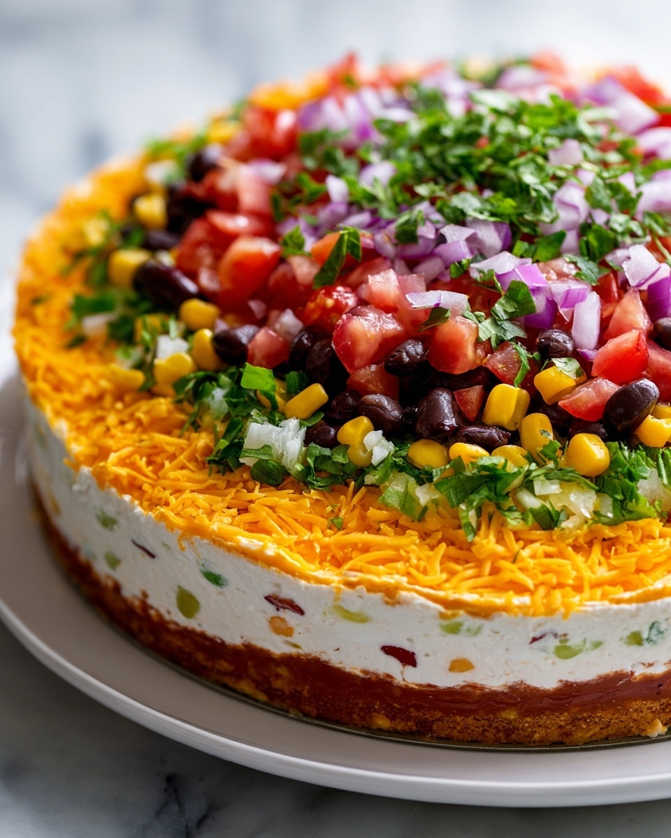 A close-up of a layered savory dish cut into a rectangular shape, showing about five clear layers. The bottom layer is a dense, crumbly orange layer, topped by a creamy white layer mixed with small green herbs. Above this is a colorful layer with diced red onion and green bits. Next, another thick creamy layer with a smooth texture is visible, followed by a vibrant topping made of black beans, yellow corn, bright red cherry tomato halves, and finely chopped green herbs, all spread evenly on top. The dish sits on a white plate with a white marbled background. Photo taken with an iphone --ar 4:5 --v 7