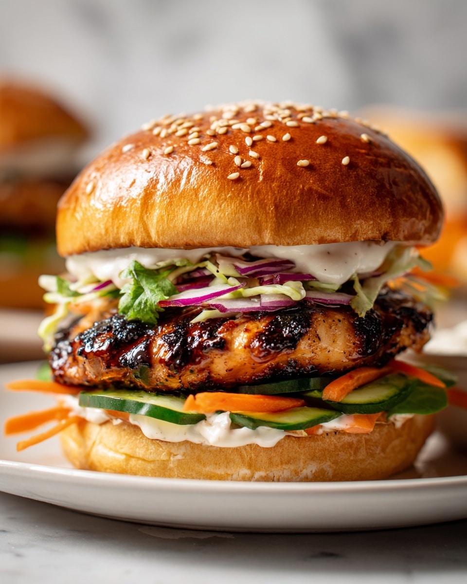 A close-up of a grilled chicken sandwich on a white sesame seed bun, where the bottom bun holds a shiny, dark brown glazed grilled chicken patty. On top of the chicken, there is a mix of shredded green and purple cabbage, orange carrot strips, and creamy white sauce evenly spread. The top bun crowns the sandwich with its golden-brown color and sesame seeds. The sandwich sits on a wooden board with a white marbled background. Photo taken with an iphone --ar 4:5 --v 7