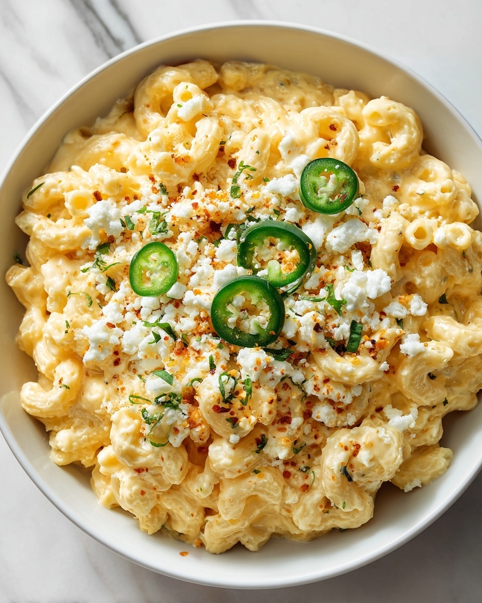 The image shows a bowl of macaroni and cheese topped with crumbled cheese and several slices of green jalapeño peppers scattered on top. The pasta is creamy and yellow, and the bowl is white. The macaroni noodles are tightly packed, creating a thick layer filling the bowl. The crumbled cheese adds a rough texture, while the jalapeño slices provide a fresh, smooth green contrast. The bowl sits on a white marbled surface. Photo taken with an iphone --ar 4:5 --v 7
