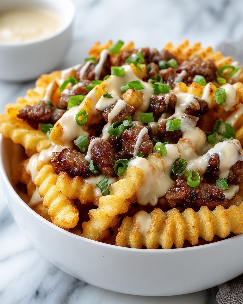 A white bowl is full of crinkle-cut fries topped with small green onion slices, shredded cheese, and drizzles of creamy white sauce. The fries are golden and crispy, with melted cheese and a light sprinkle of a darker seasoning on top. The bowl is placed on a white marbled surface, and a small part of a woman's hand holding a small dish with extra sauce is visible on the side. photo taken with an iphone --ar 4:5 --v 7