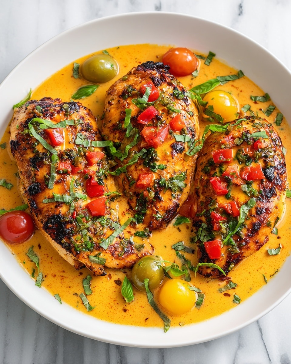 Three grilled chicken breasts with a golden brown and slightly charred crust sit on a shallow pool of orange sauce inside a round white plate. Each chicken breast is topped with small chunks of red tomato sauce and sprinkled with chopped fresh green herbs. Around the chicken pieces, there are a few bright yellow cherry tomatoes and more scattered chopped herbs. The plate rests on a white marbled surface with a soft blue cloth nearby. Photo taken with an iphone --ar 4:5 --v 7