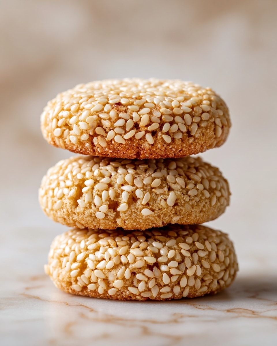 A close-up view of a stack of three round cookies, each covered fully with small white sesame seeds on the top surface. The cookies have a golden brown color with a slightly rough texture visible beneath the seeds. The edges are rounded and the cookies look soft but firm, with the sesame seeds adding a texture contrast. The background is softly blurred with additional cookies out of focus around the stack, and the whole scene is set on a white marbled surface. Photo taken with an iphone --ar 4:5 --v 7