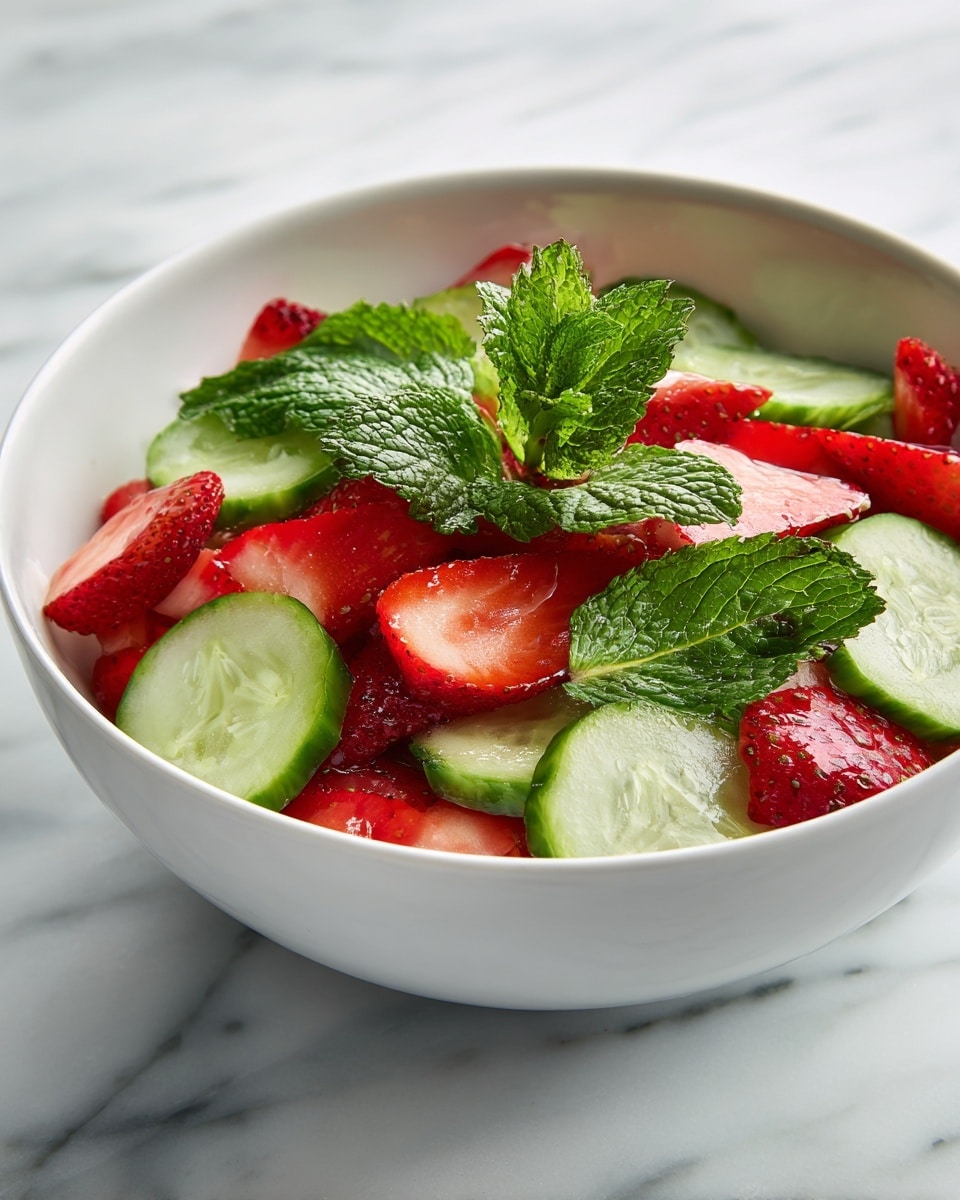 The image shows a white bowl filled with a fresh salad made of several layers. The bottom layer consists of round cucumber slices with a light green and watery texture. On top of that are bright red, ripe strawberry halves scattered evenly. There is a sprig of fresh, bright green mint leaves placed in the center, adding a touch of leafy texture and color contrast. The dish looks fresh and colorful, with the green cucumber and mint balancing the vivid red strawberries. The background surface is a white marbled texture. Photo taken with an iphone --ar 4:5 --v 7