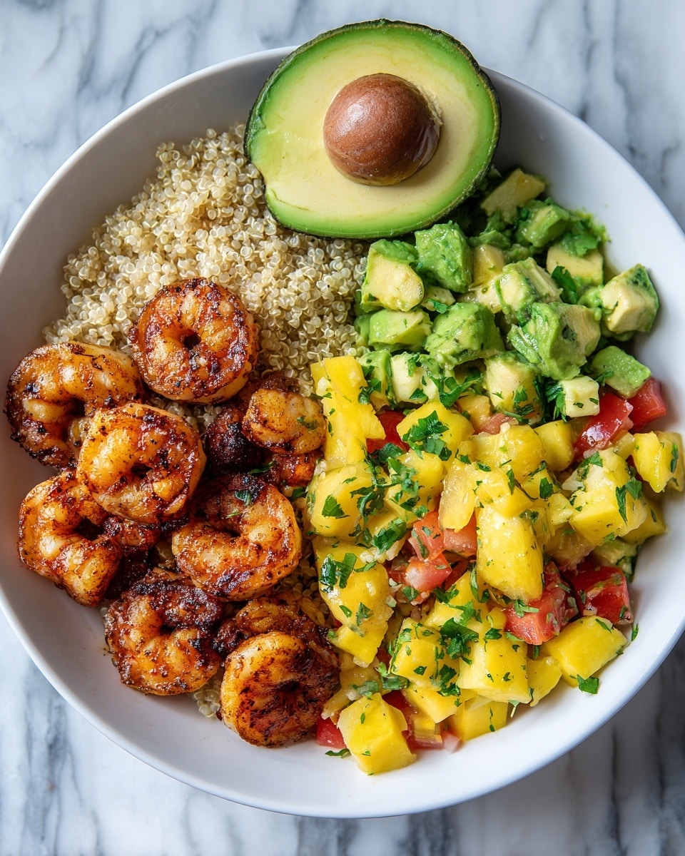 A white bowl with three main layers is shown on a white marbled surface. The bottom layer is light beige quinoa with a small grain texture. On one side of the bowl, there are many grilled shrimp with dark brown char marks and a shiny glaze, arranged closely together. Next to the shrimp, there is a colorful salsa made of orange mango pieces, red tomato chunks, and green chopped herbs. A half avocado with a smooth, creamy green inside and a light yellow seed cavity sits at the top edge of the bowl. photo taken with an iphone --ar 4:5 --v 7