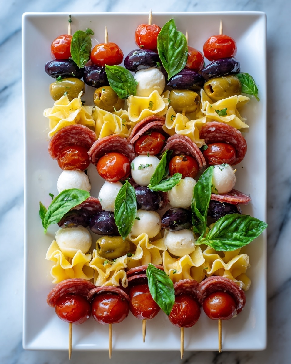 The image shows a white rectangular plate with several colorful skewers arranged neatly. Each skewer has layers of shiny red cherry tomatoes, smooth white mozzarella balls, golden yellow folded tortellini, green and black olives, and slices of dark red cured meat. Small green basil leaves are sprinkled on top, and thin drizzles of dark balsamic glaze run over the skewers. The plate is set on a white marbled surface. photo taken with an iphone --ar 4:5 --v 7