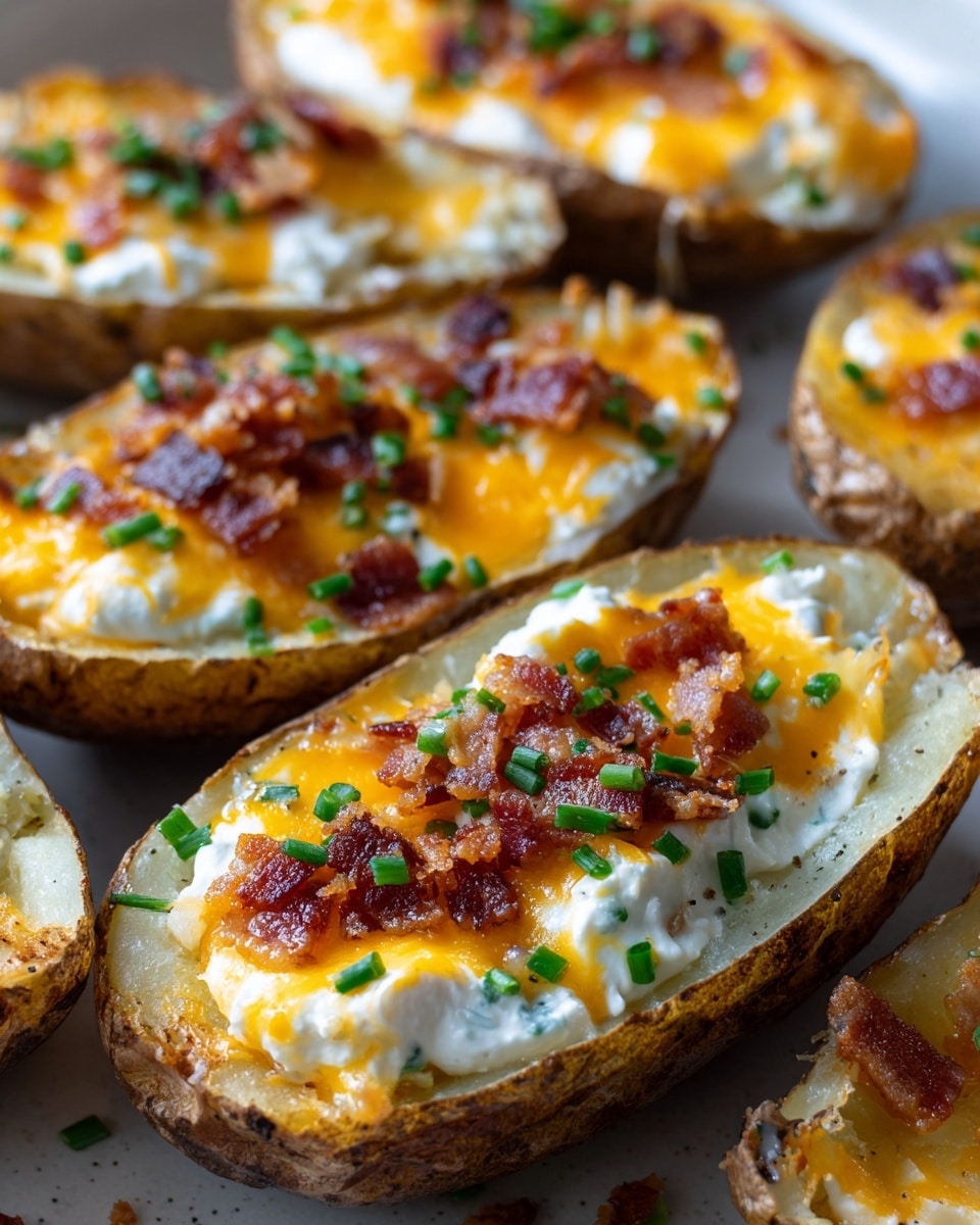 The image shows several small crispy potato cups with a golden-brown texture, each filled with a creamy white layer of sour cream or cheese. On top of this layer, there is a sprinkling of melted yellow cheese and bits of crispy cooked bacon. The potato cups are garnished with finely chopped green chives, adding a fresh green color to the warm tones of the dish. They are closely placed on a white plate against a white marbled textured background. One woman's hand is seen holding one of the potato cups delicately from the edge. photo taken with an iphone --ar 4:5 --v 7