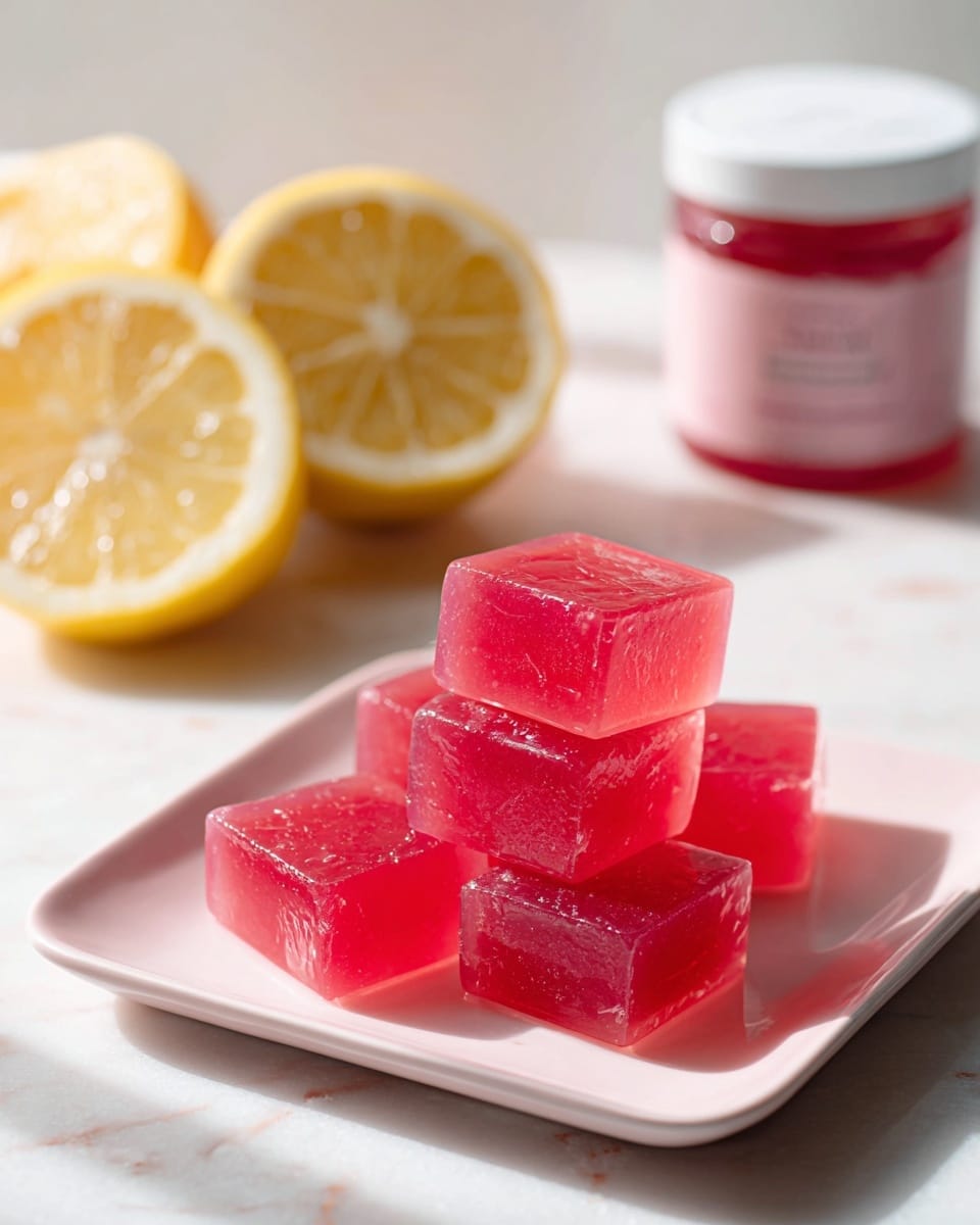 A small white square plate holds six bright pink jelly cubes stacked in a loose pile, each cube shiny and smooth with a translucent texture. Behind the plate on white marbled texture are two half slices of lemon with a fresh, light yellow color and visible juicy segments. To the left, a white jar with a pink labeled lid is slightly blurred, adding context but not distracting from the jelly and lemons. The overall look is clean and fresh, with soft lighting highlighting the jelly's shine and the lemons' texture. photo taken with an iphone --ar 4:5 --v 7