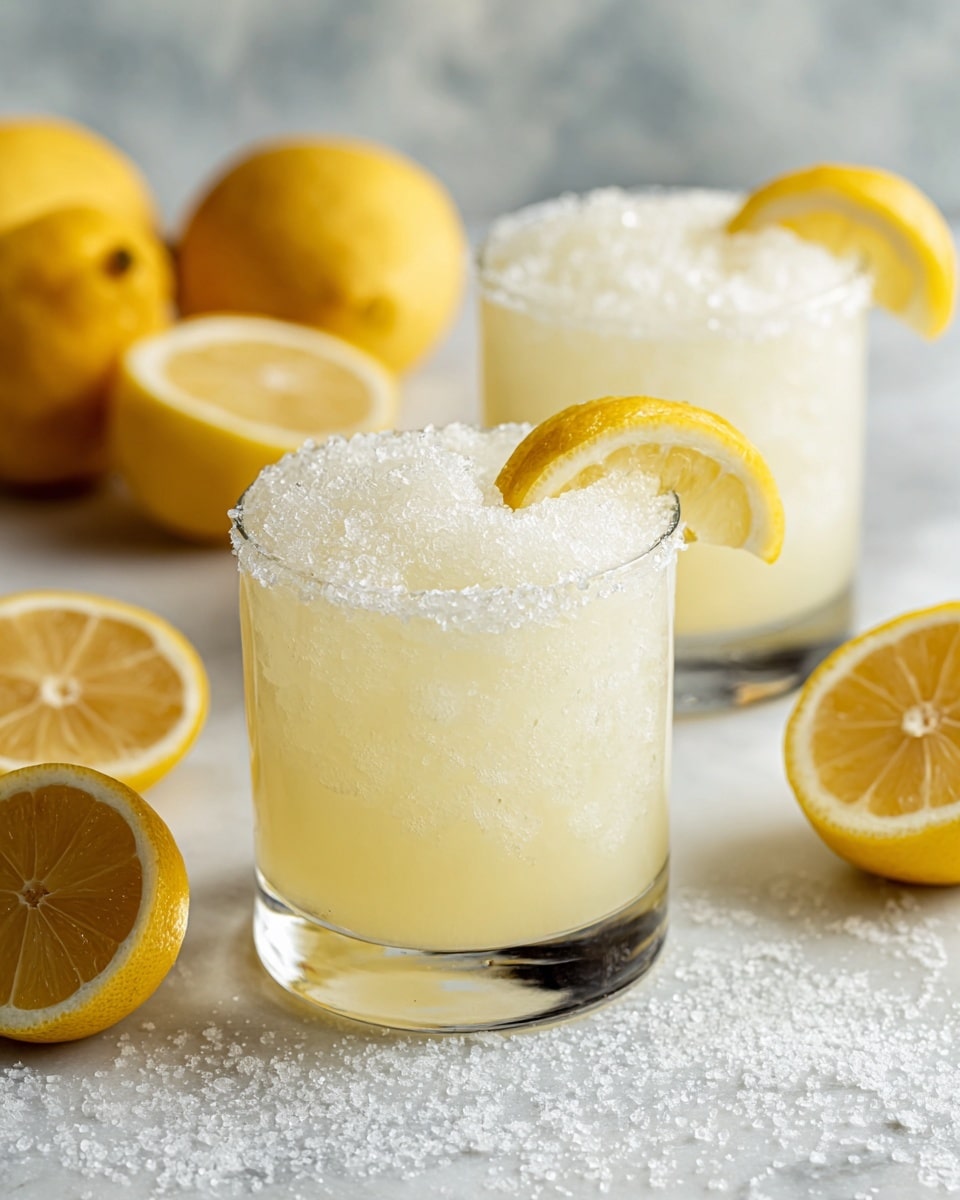 Two short clear glasses filled with a light yellow fizzy drink topped with white foam, each glass garnished with a lemon wedge on the rim. The drinks are placed on a white marbled surface with a dusting of powdered sugar around them. Around the glasses, there are whole lemons and lemon halves showing their bright yellow flesh and textured peel. The scene is bright with fresh, natural lighting. photo taken with an iphone --ar 4:5 --v 7
