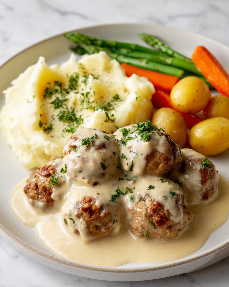 The image shows a white plate with a generous serving of meatballs covered in creamy light beige gravy with small green herb pieces sprinkled on top. The meatballs are browned and have a slightly rough texture. At the back of the plate, there is a portion of mashed potatoes, smooth and creamy with a few green herb sprinkles. Next to the potatoes are steamed vegetables including bright orange carrots, green asparagus, and small golden-yellow potatoes. The food sits on a white marbled surface. photo taken with an iphone --ar 4:5 --v 7