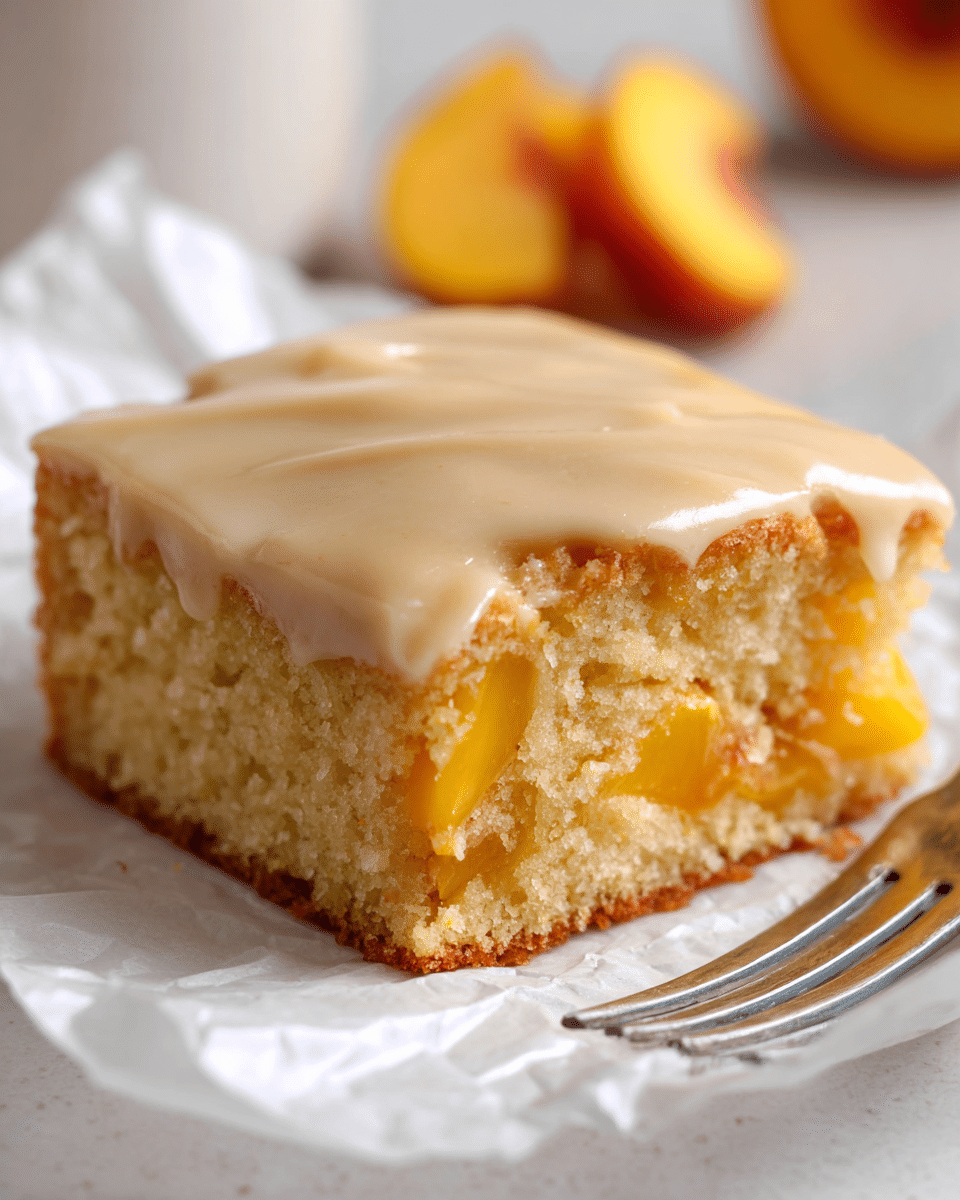 A square piece of moist yellow cake with soft chunks of peach inside is topped by a smooth, light beige icing layer that has a few cracks on the surface. The cake sits on crinkled white parchment paper placed on a white marbled texture, with a silver fork beside it and peach slices blurred in the background. Photo taken with an iphone --ar 4:5 --v 7