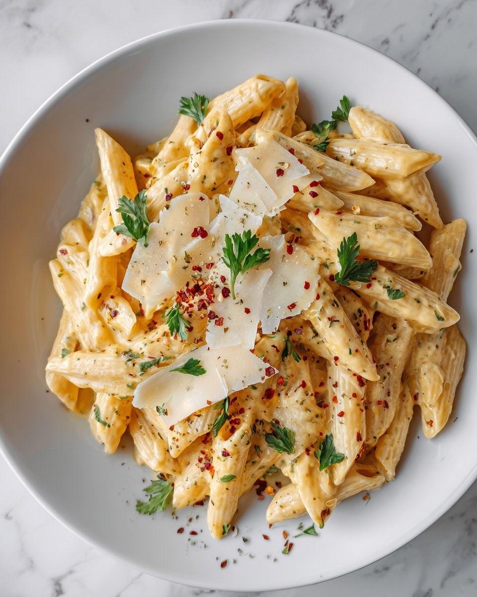 A white plate filled with creamy penne pasta coated in a light beige sauce, topped with finely grated white cheese and small fresh green herb leaves scattered on top. The pasta is sprinkled with tiny pieces of red chili flakes and ground black pepper, adding subtle red and black specks across the dish. A few larger shavings of pale yellow cheese are placed near the center, giving the dish a textured and rich look. The background is a white marbled texture. photo taken with an iphone --ar 4:5 --v 7