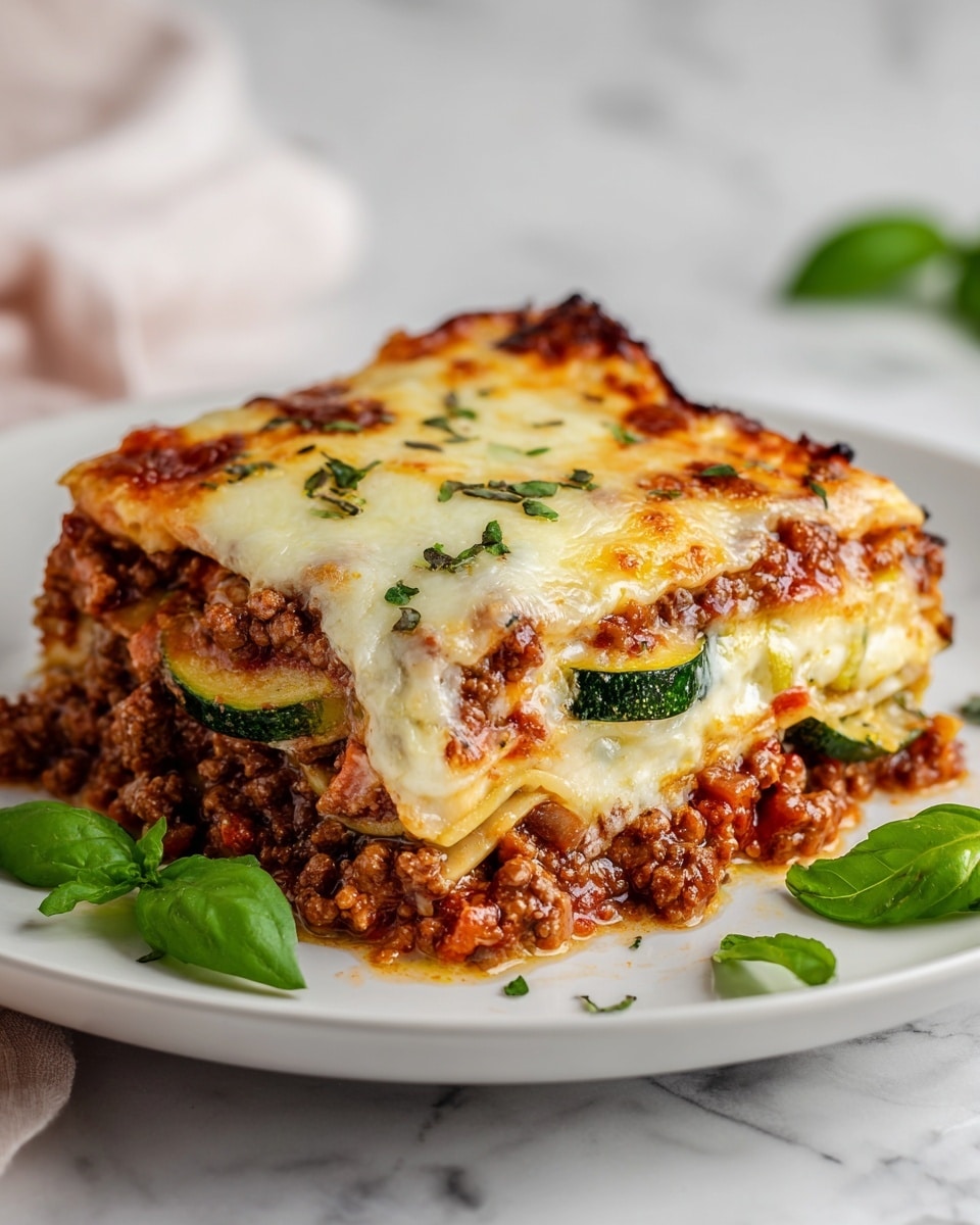 The image shows a square slice of lasagna on a white plate. The lasagna has several layers, starting with a base layer of yellow pasta, followed by a thick layer of brown ground meat sauce mixed with green herbs. On top of that is a layer of melted white and golden cheese that is bubbly and slightly browned. There are slices of red tomato and green zucchini visible between the layers, adding color and texture. The top is sprinkled with small green herb leaves, and a sprig of fresh green basil is next to the lasagna. The background is a white marbled surface. photo taken with an iphone --ar 4:5 --v 7