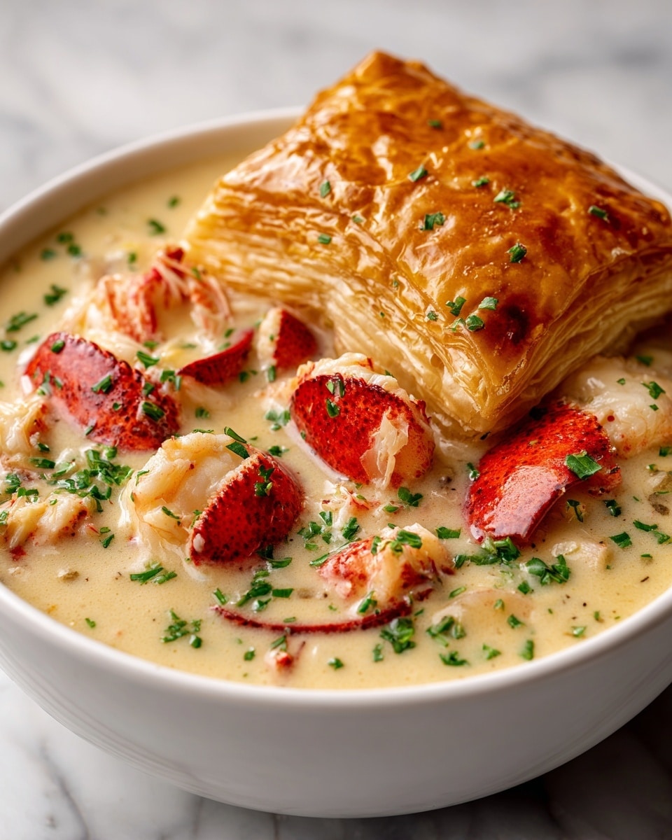A white bowl filled with a creamy, pale yellow lobster chowder featuring large chunks of lobster meat with bright red shells scattered throughout. The chowder has a smooth and thick texture and is topped with finely chopped green herbs. Covering part of the chowder is a flaky, golden-brown puff pastry crust with visible layers, slightly folded around the edges. The background is a white marbled texture. photo taken with an iphone --ar 4:5 --v 7