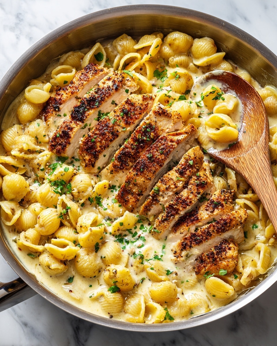 The image shows a close-up of a creamy pasta dish in a stainless steel pan. The base layer is small shell pasta coated in a thick, smooth, pale yellow sauce with herbs. On top, there are several pieces of sliced, browned, and seasoned grilled chicken arranged on one side, showing a crispy texture with visible black pepper and herbs. The dish is sprinkled with chopped green herbs, adding a fresh color contrast. A wooden spoon rests on the pasta, partially stirring the creamy sauce and chicken, all set on a white marbled surface. Photo taken with an iphone --ar 4:5 --v 7