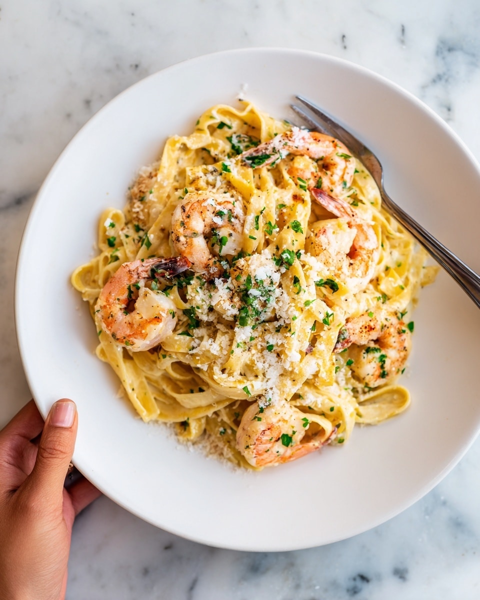 A white plate filled with creamy pasta topped with seven large, pink shrimp arranged in a circle near the edge. The pasta underneath is yellow with smooth, rich sauce and small bits of green herbs scattered around. There is a light sprinkle of grated cheese on top of everything, and the plate sits on a white marbled surface. photo taken with an iphone --ar 4:5 --v 7