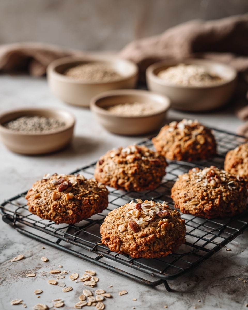 The image shows a batch of round oatmeal cookies on a black cooling rack placed over a white marbled surface. Each cookie has a rough texture with visible oats and small pieces of nuts, giving them a slightly lumpy and rustic look. The cookies are evenly browned with a mix of light and darker brown shades. In the background, there are white bowls filled with different seeds and oats, slightly blurred to keep focus on the cookies. The overall setting looks warm and cozy, with natural light highlighting the texture of the cookies. photo taken with an iphone --ar 4:5 --v 7