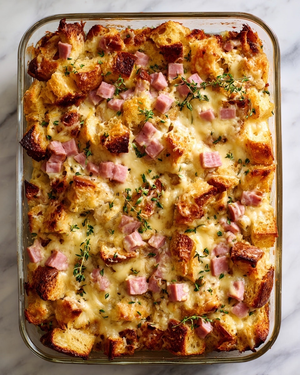 The image shows a close-up view of a baked dish in a clear glass square baking dish placed on a white marbled surface with a burlap cloth nearby. The dish features multiple layers starting with a base of golden toasted bread cubes that have a crispy and slightly browned texture around the edges. On top of the bread are scattered pale pink diced ham pieces evenly spread throughout. A layer of melted cheese covers the dish, looking creamy and slightly browned in spots, with sprigs of green fresh thyme delicately placed for garnish. The overall look is warm and inviting with a mix of soft and crispy textures. Photo taken with an iphone --ar 4:5 --v 7