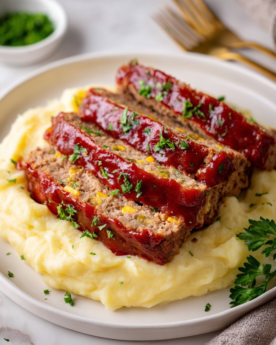 The image shows four thick slices of meatloaf laid neatly on a bed of creamy mashed potatoes on a white plate with a white marbled texture surface. The meatloaf slices are light brown with visible bits of corn and herbs inside, topped with a glossy, rich red glaze, and sprinkled with small green parsley pieces. The mashed potatoes form a smooth, soft yellow base underneath, spreading slightly outward in a circular shape. There is a small white bowl with chopped green herbs in the background and a golden fork partly visible to the side. Photo taken with an iphone --ar 4:5 --v 7
