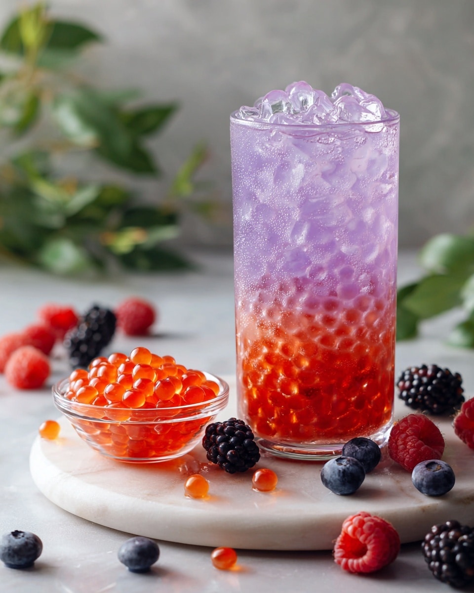A clear glass filled with three visible layers stands on a white marbled round board; the bottom layer contains small, shiny red tapioca pearls, the middle layer is a smooth light purple liquid, and the top layer is filled with translucent ice cubes. Next to the glass is a smaller clear cup filled with bright orange-red tapioca pearls. Fresh berries including red raspberries, dark blackberries, and blue blueberries are placed in front of the glass on the board and scattered slightly around it. Some green leaves are blurred softly in the background. photo taken with an iphone --ar 4:5 --v 7