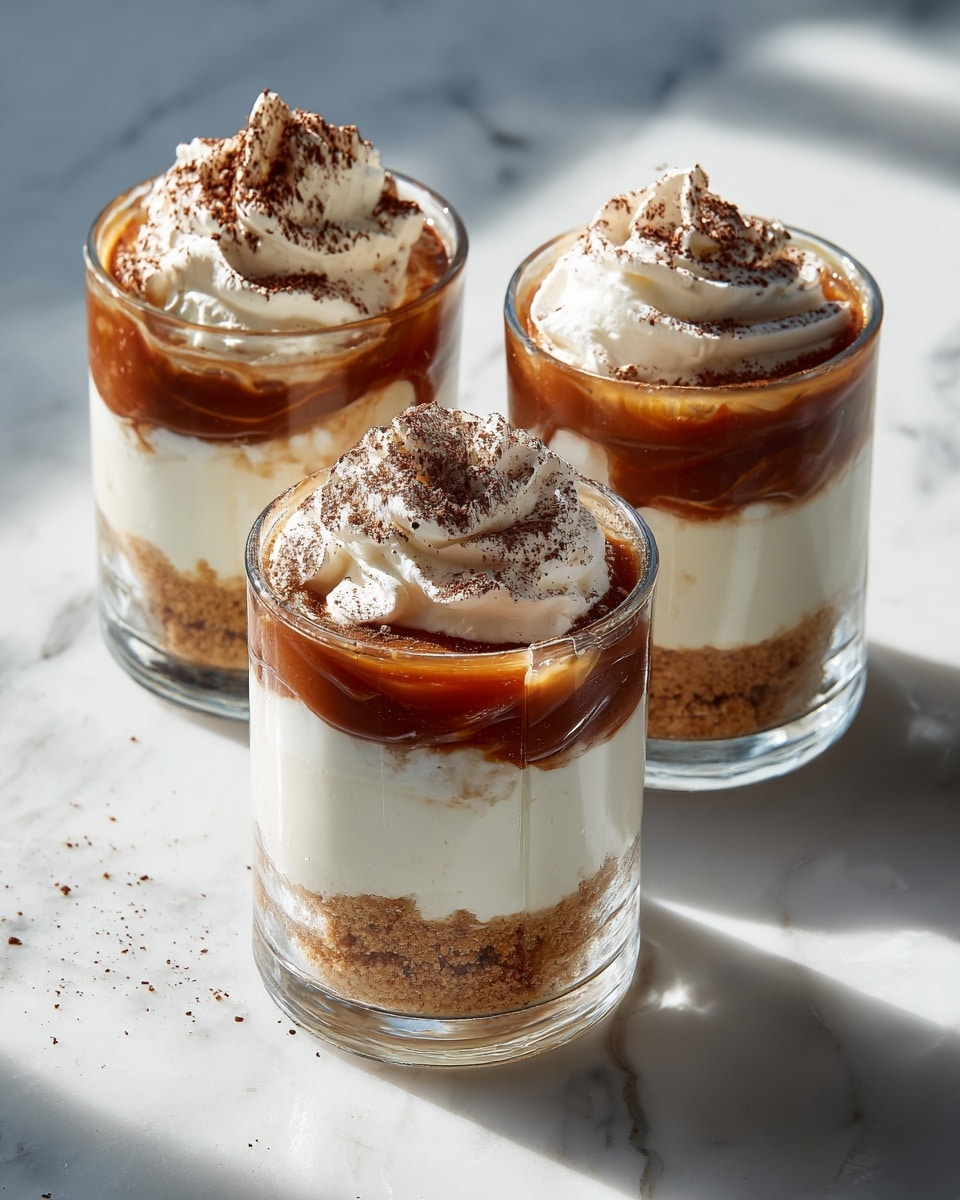 The image shows three clear glass cups filled with a dessert having three visible layers. The bottom layer is a crumbly light brown base, smooth and compact. Above this is a thick, creamy white layer, soft and fluffy in texture. The top layer is a rich medium brown coffee or caramel cream with a smooth texture. Each dessert is topped with a dollop of white whipped cream sprinkled with cocoa powder. The cups are placed on a white marbled surface, and the lighting highlights the layers clearly, creating a fresh and inviting look. Photo taken with an iphone --ar 4:5 --v 7