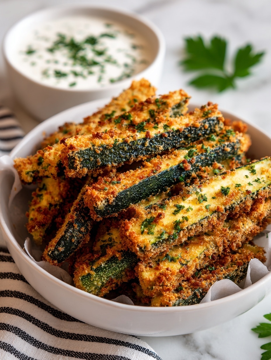 The image shows a white bowl filled with golden-brown zucchini fries stacked in layers, each fry coated with a crunchy, herby breading, showing flecks of green herbs and a toasted texture. The zucchini fries have a bright green edge of skin visible at the ends, with the inside a soft yellow-green. The bowl sits on a white marbled surface, with hints of parsley garnish and other bowls of creamy white sauce with green herbs in the background. A white cloth with black stripes is partially visible near the bottom left. photo taken with an iphone --ar 4:5 --v 7