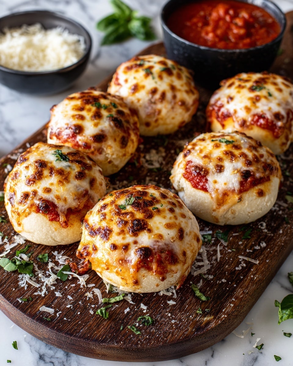Six small round bread rolls sit closely together on a dark wooden board, each topped with a layer of melted, bubbly, golden-brown cheese with browned spots. Underneath the cheese is a layer of bright red tomato sauce. The bread has a light beige color with a soft texture, and the top edges show slight charring and herbs sprinkled over the melted cheese. Around the board are scattered small green herb leaves and some white grated cheese. In the background is a black bowl filled with more red sauce and some green leaves. The scene is set on a white marbled texture. photo taken with an iphone --ar 4:5 --v 7