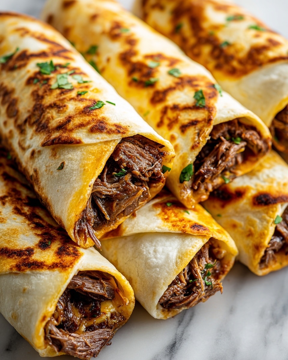 The image shows several tortilla rolls stacked closely together on a white marbled surface, each roll consisting of three main layers: the outer tortilla which is golden-brown and slightly crispy, a middle layer of melted white cheese with a smooth, creamy texture, and an inner filling of shredded, tender beef with a rich brown color. Fresh green herbs are sprinkled on top of each roll, adding a touch of color and freshness. The tortillas are tightly rolled, showing the cross-section of all the layers clearly. Photo taken with an iphone --ar 4:5 --v 7