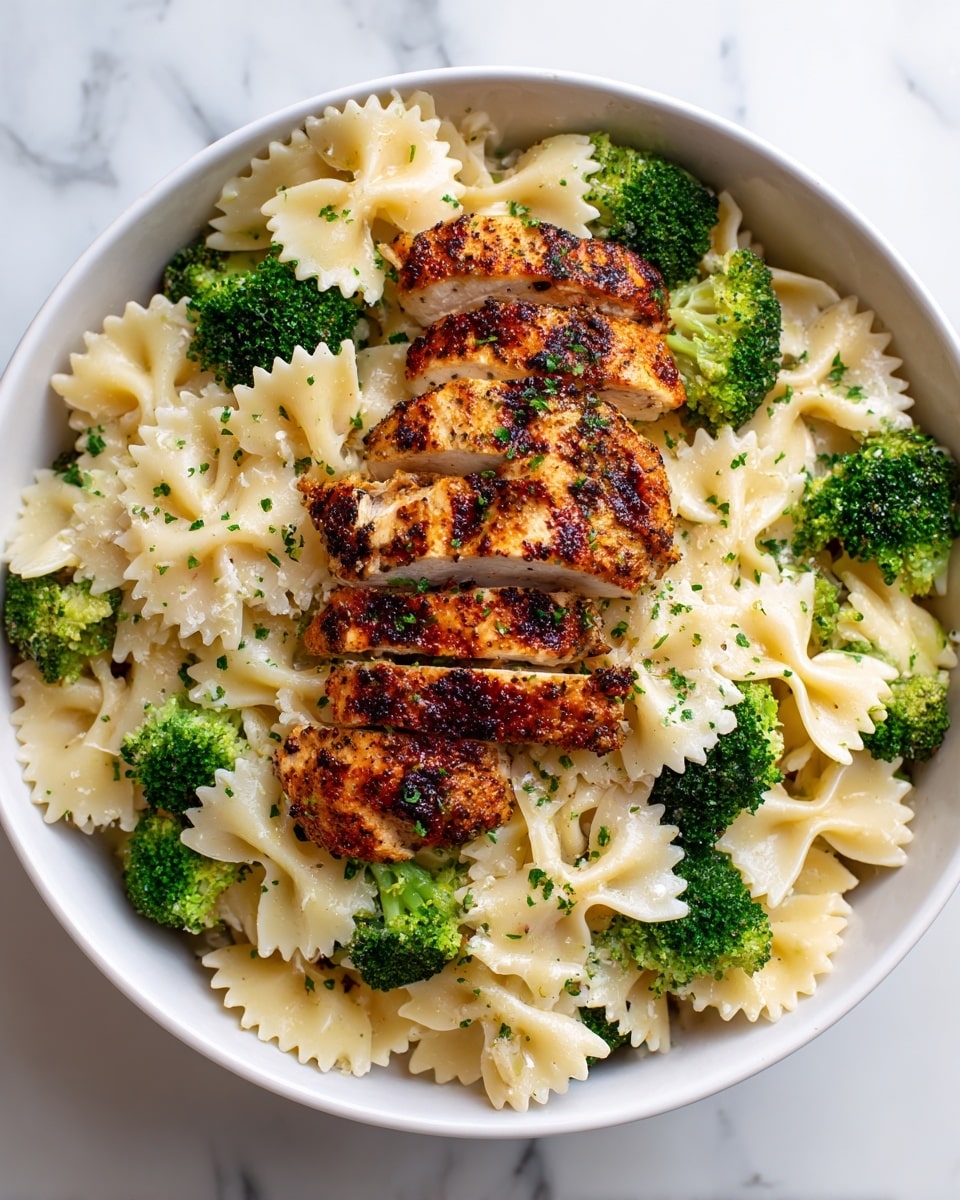 In a white bowl sits a layered dish starting with a base of creamy, light-colored farfalle pasta scattered evenly around the edges. Bright green broccoli florets are placed intermittently among the pasta, adding a pop of color and texture. On top of this base layer, several pieces of grilled chicken with a golden-brown, slightly charred surface are arranged in the center. The chicken pieces are garnished with finely chopped green herbs that add a fresh touch and contrast with the warm, grilled tones. The white marbled texture beneath the bowl provides a clean and elegant backdrop. Photo taken with an iphone --ar 4:5 --v 7