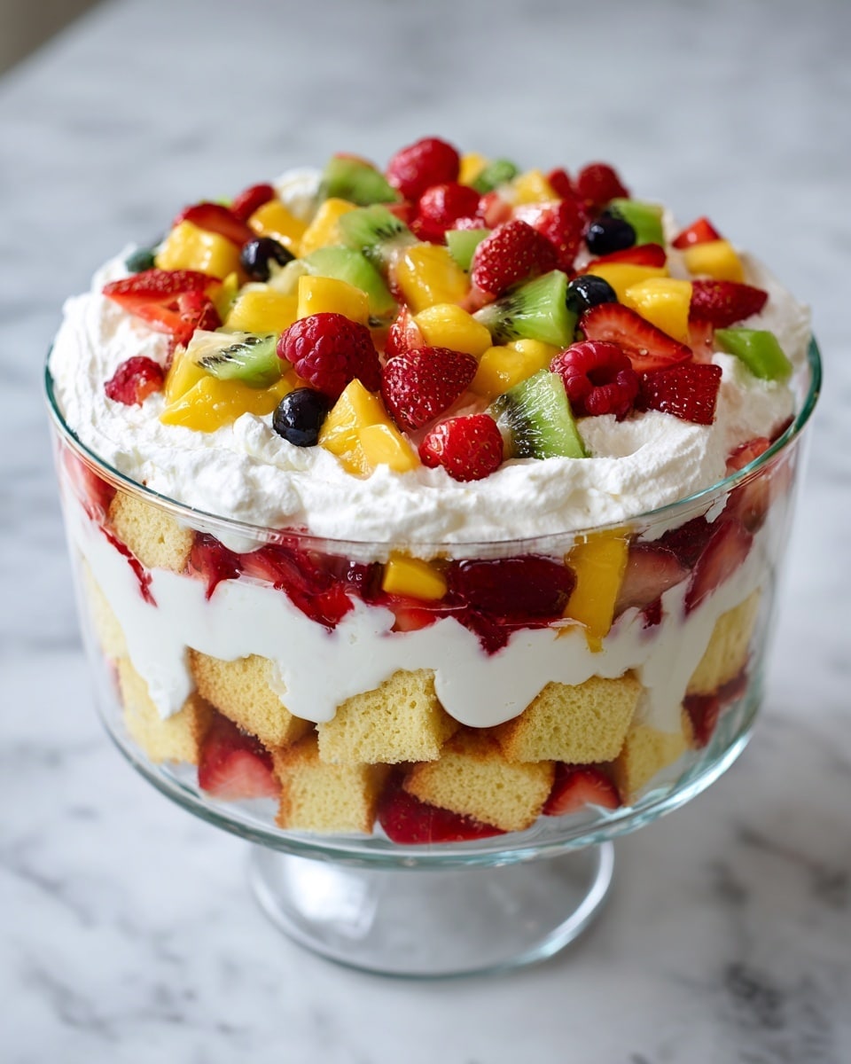 A clear glass bowl shows a layered fruit trifle. The bottom layer is light yellow sponge cake, followed by a thick layer of white whipped cream mixed with small pieces of strawberries. The top layer is a generous spread of white whipped cream, decorated with colorful fresh fruit slices arranged evenly: red strawberries, green kiwi, yellow mango, white banana slices, red raspberries, and small dark blueberries. The textures range from soft cake to smooth cream and juicy fruit. The bowl sits on a white marbled surface. Photo taken with an iphone --ar 4:5 --v 7