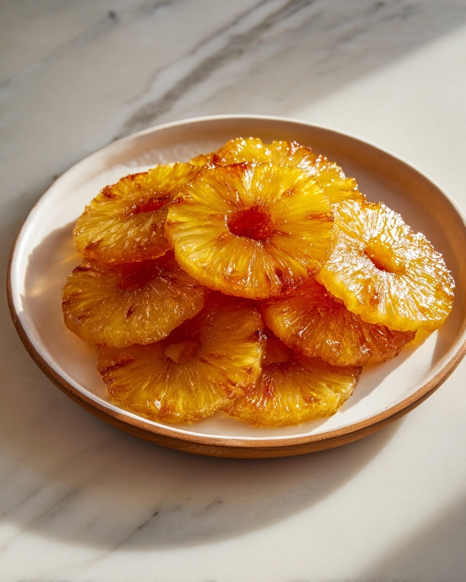 The image shows a white round plate with a natural wood edge, stacked with about ten round, thin slices of golden-yellow fried fruit with a translucent texture. Each slice has a visible circular center with a deeper reddish-pink hue, resembling pineapple slices. The edges are slightly crispy and caramelized, giving a light brown tint. The slices are glossy, with a shiny syrup or honey drizzled over them, adding a sticky texture and slight reflections. The plate rests on a white marbled surface, with soft natural light illuminating the fruit slices, creating a warm and inviting look. Photo taken with an iphone --ar 4:5 --v 7