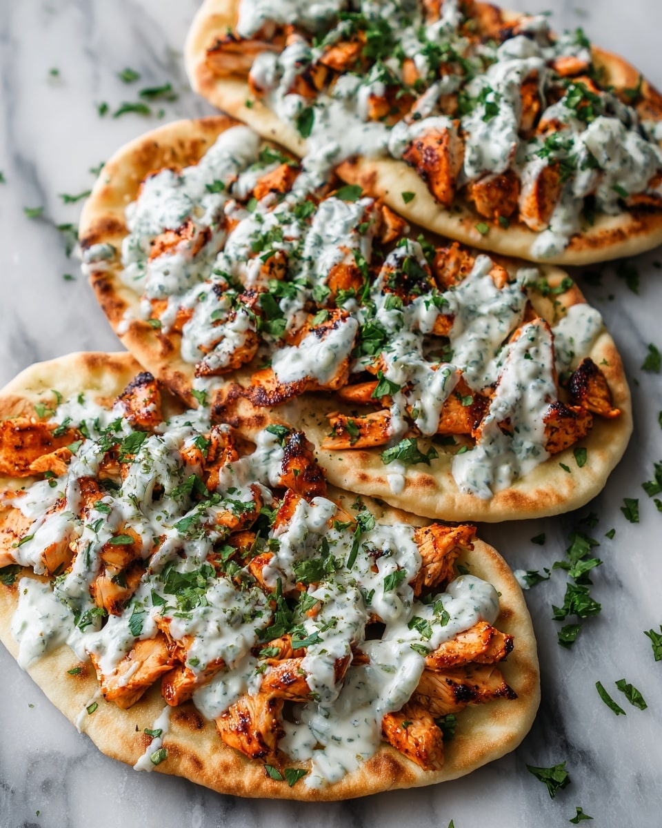 The image shows three flatbreads arranged side by side on a white marbled surface. Each flatbread is slightly thick and golden-brown around the edges. On top, there are pieces of orange-red grilled chicken with a slightly charred texture, covered by a layer of creamy white sauce speckled with green herbs. Fresh green chopped cilantro is scattered lightly over the sauce. The flatbreads are placed close to each other, filling the frame with their vibrant colors and textures. Photo taken with an iphone --ar 4:5 --v 7