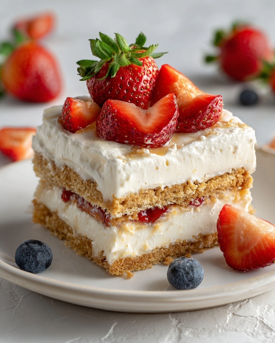 The image shows a three-layer dessert on a white plate with a white marbled surface in the background. The bottom layer is a light brown, crumbly biscuit base, topped with a thick, creamy layer of white whipped cream with visible vanilla specks mixed in. Above this is a second biscuit layer similar in texture and color to the first, followed by another layer of the same whipped cream. The top is garnished with fresh, vibrant red strawberries, some whole with green leaves and others cut in half, revealing their juicy interior. Around the dessert, a few scattered blueberries and strawberry pieces add a pop of color. Photo taken with an iphone --ar 4:5 --v 7