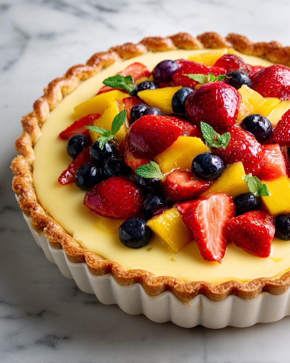 A fruit tart in a white scalloped ceramic dish with a golden-brown, flaky crust that has a twisted edge around the top, filled with creamy white custard topped with an even layer of mixed fruit pieces: bright red strawberries, small dark blue blueberries, and chunks of yellow mango, with small green mint leaves scattered on top. The tart rests on a white marbled surface. Photo taken with an iphone --ar 4:5 --v 7