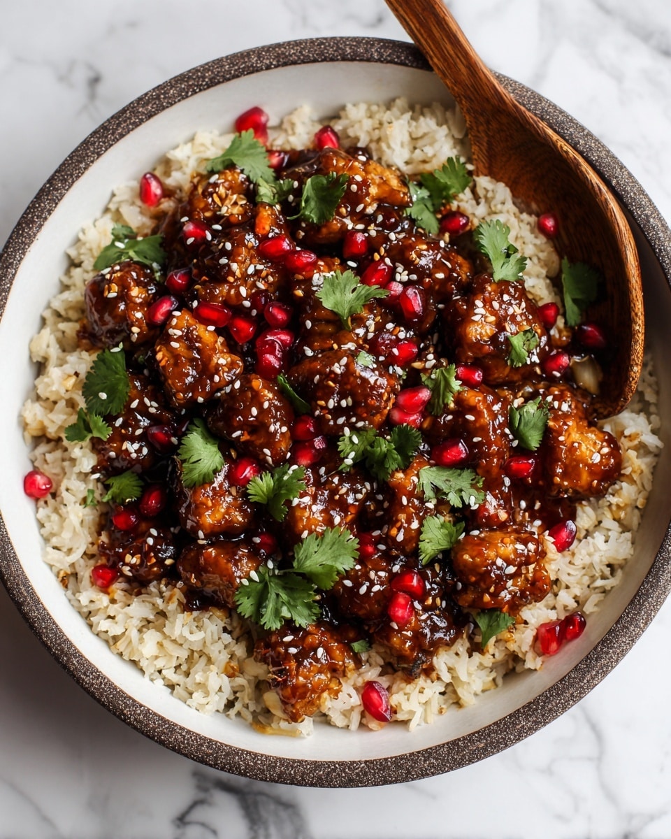 A bowl filled with a base layer of white fluffy rice, topped with a thick layer of glazed, golden-brown chicken pieces covered in a shiny, dark sauce. Scattered on top are bright red pomegranate seeds and fresh green cilantro leaves, adding vibrant color and texture. Small sesame seeds are sprinkled over everything. A wooden spoon rests on the side of the bowl. The bowl is white with a speckled inside, set on a white marbled surface. Photo taken with an iphone --ar 4:5 --v 7