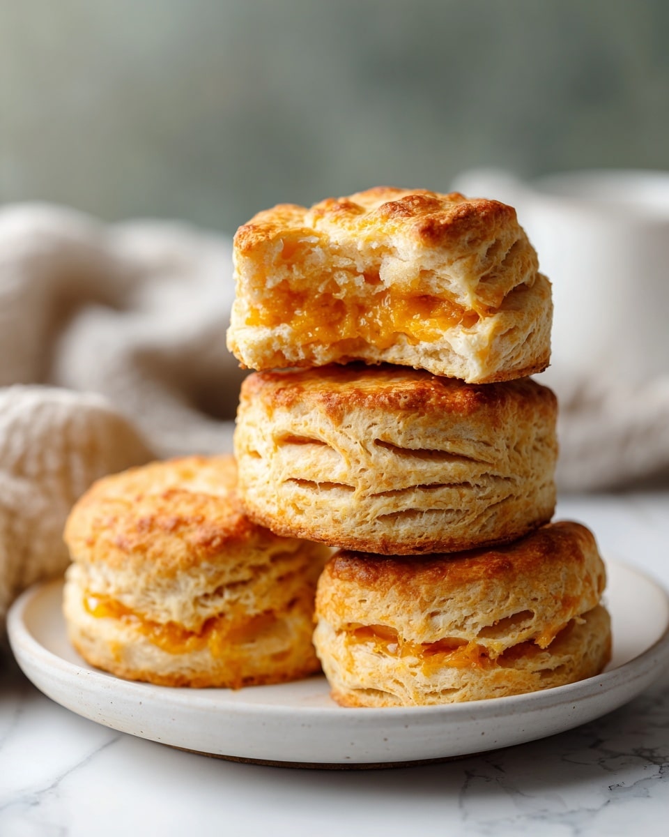 A close-up view of a stack of four golden brown biscuits placed on a white plate. The biscuits have a rough, flaky texture with multiple visible layers around their sides. The top biscuit is bitten into, revealing a soft, dense, and slightly orange-colored interior. The plate rests on a white cloth with black stripes, and the background is softly blurred with dark vertical lines and green areas, all set on a white marbled texture. photo taken with an iphone --ar 4:5 --v 7