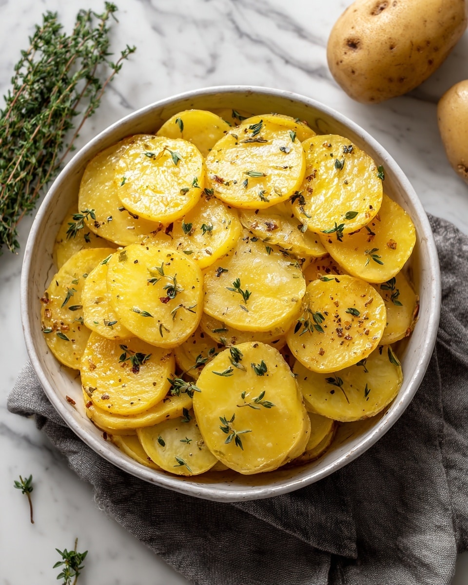 The image shows a bowl filled with one layer of round, cooked potato slices that are light golden yellow with a soft, slightly shiny texture, sprinkled with small green herb leaves and black pepper specks. The bowl is two-tone, with a dark inner surface and a wooden-like outer rim. The bowl sits on a gray cloth with a visible white marbled texture surface underneath. A whole potato and sprigs of fresh green herbs are placed near the bowl on the white marbled surface. photo taken with an iphone --ar 4:5 --v 7