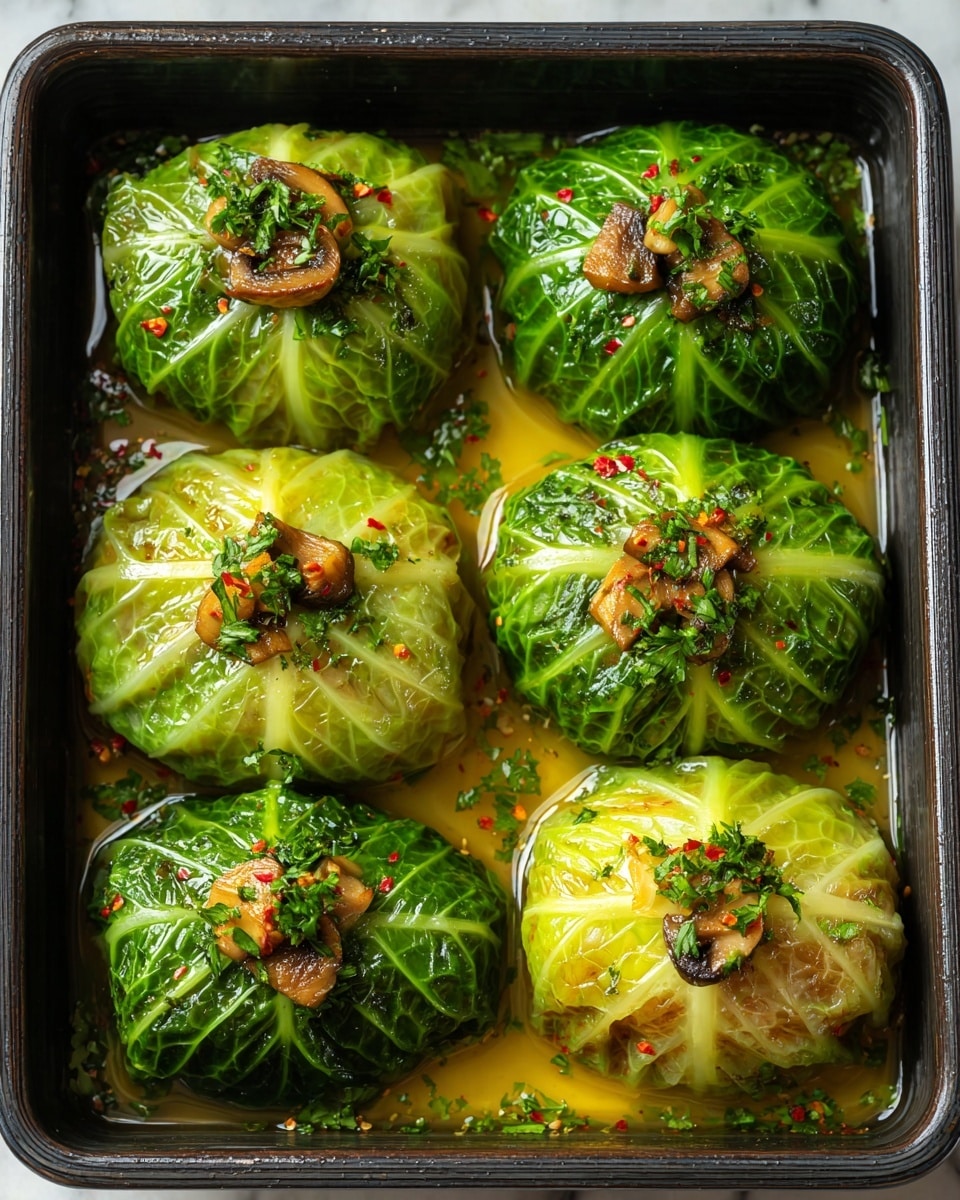 Six cabbage rolls sit in a black baking pan filled with light broth, each roll wrapped tightly with bright green cabbage leaves that have soft wrinkles and veins showing. The rolls vary slightly in shade, with some having a more translucent, pale green look and others a deeper green. Light brown toasted bits, small mushroom slices, and chopped fresh green parsley pieces are scattered on top of the cabbage rolls, adding texture and color contrast. Tiny red pepper flakes and some herbs are also visible, giving a seasoned finish. The pan rests on a white marbled surface. Photo taken with an iphone --ar 4:5 --v 7