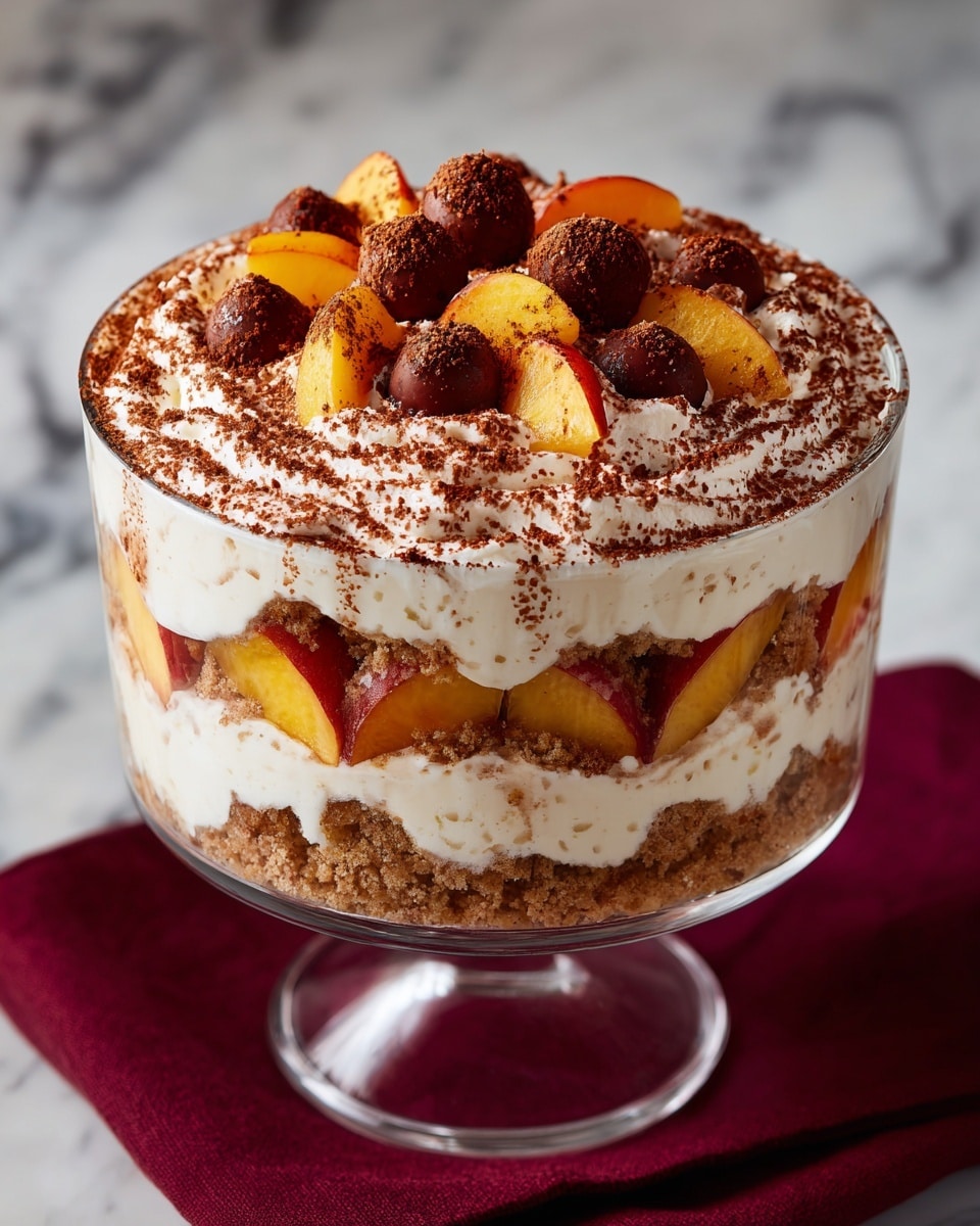 The dessert is in a clear glass bowl with a wide base, placed on a dark red cloth over a white marbled surface. It has four visible layers: the bottom layer is crumbly light brown cookie crumbs; the second layer is thick cream with bright orange peach slices embedded around the sides; the third layer is another smooth cream layer with some peach pieces mixed in; the top layer is soft whipped cream dusted with cocoa powder and decorated with chunks of bright yellow peach and several dark reddish-brown cocoa-coated nuts or truffles in the center. Photo taken with an iphone --ar 4:5 --v 7