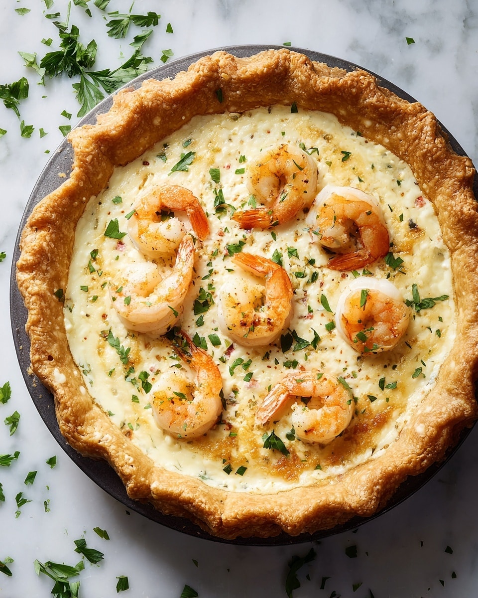A creamy shrimp pie with a golden-brown, crimped pastry crust that is thick and flaky, surrounding a rich, pale yellow filling studded with chunks of shrimp and herbs. The top layer is smooth and slightly glossy with five whole pink shrimp placed evenly on the surface, sprinkled with small bits of green herbs. One slice is cut out, showing the dense, creamy filling inside with visible pieces of shrimp and green herbs. The pie sits on a round metal tray on a white marbled surface with scattered chopped herbs around it, and blurred plates with food in the background. Photo taken with an iphone --ar 4:5 --v 7